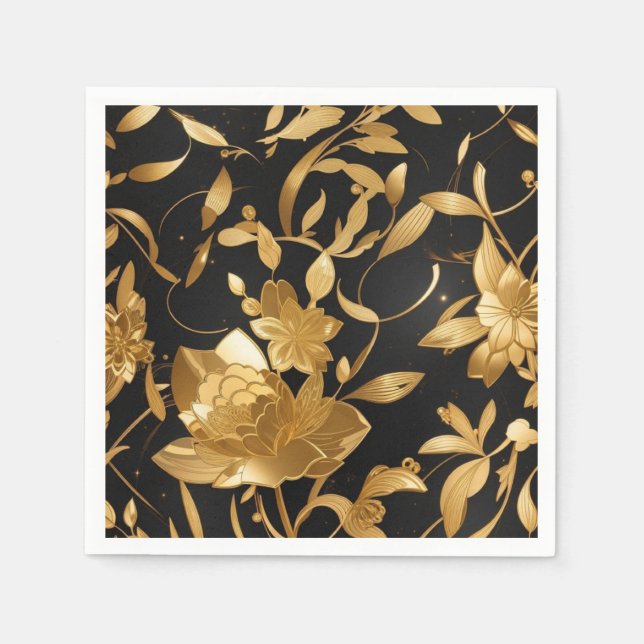 Servilleta De Papel Lujo Floral Oro y Negro (Anverso)