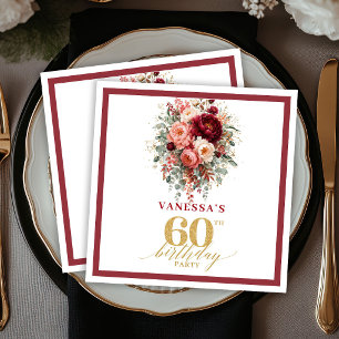 Servilleta De Papel Lujo Marsala Dorado Floral Otoño 60 Cumpleaños