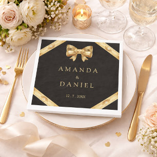 Servilleta De Papel Lujo Negro y Dorado Boda con Lazo Dorado
