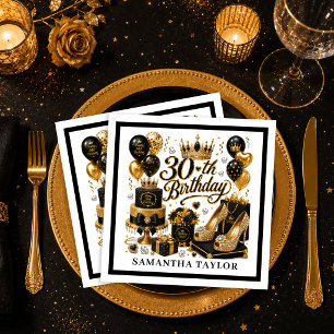Servilleta De Papel Lujo Oro Y Negro Brillo Cumpleaños 30 Fiesta Na