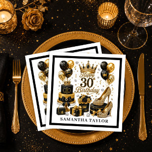 Servilleta De Papel Lujosa Glitter Dorado Cumpleaños 30 Negros Y Dorad