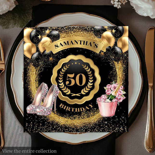 Servilleta De Papel Lujosas toallas de globos negros con arte Purpurin (Luxe Black Balloons Napkins with Gold Glitter Art

)