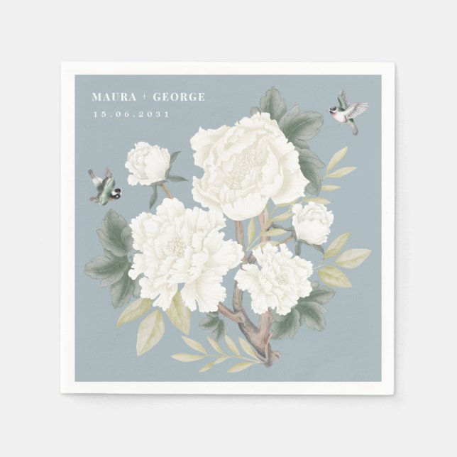 Servilleta De Papel Lujoso Chinoiserie Dusty Blue Ivory Floral Boda (Anverso)