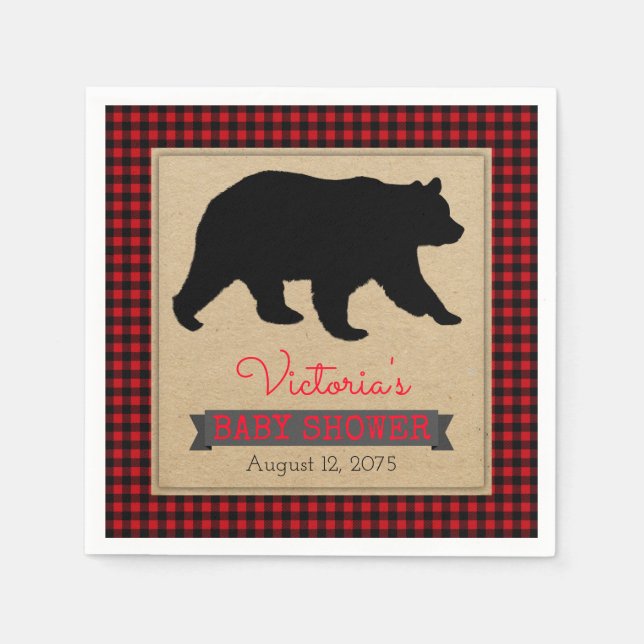 Servilleta De Papel Lumberjack Buffalo Plaid Bear Baby Shower (Anverso)