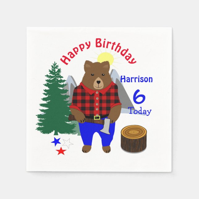 Servilleta De Papel Lumberjack Cute Oso Jugado Feliz Cumpleaños (Anverso)