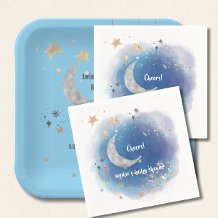 Servilleta De Papel Luna Celeste Estrellas, Azul Real Y Dorado Abstrac