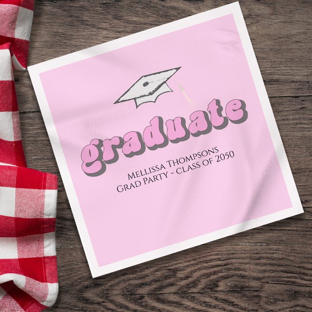Servilleta De Papel Luncheon, Personalizado del Partido de Graduación  (Pink Graduation retro style luncheon napkin.)
