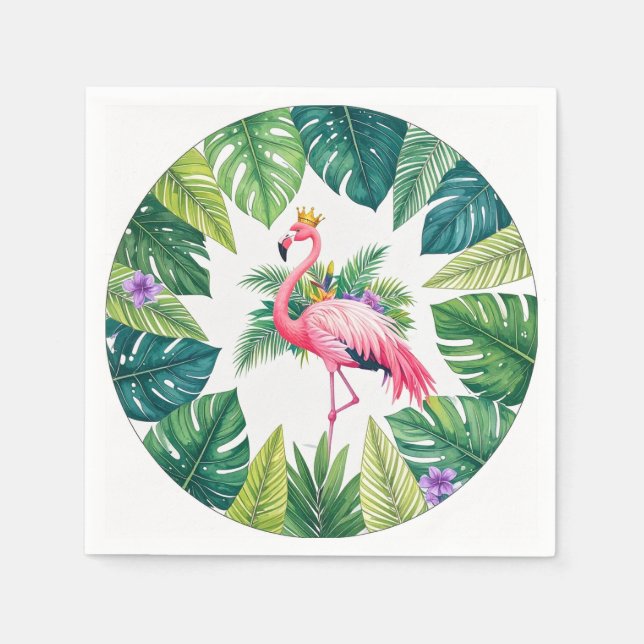 Servilleta De Papel Lush Leafy | Elegante Flamingo Rosa Crown Tropical (Anverso)