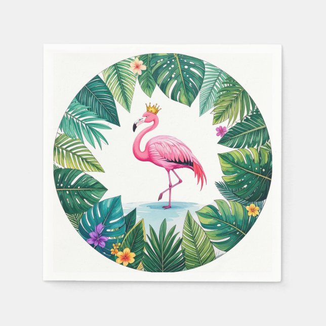 Servilleta De Papel Lush Leafy | Elegante Flamingo Rosa Crown Tropical (Anverso)