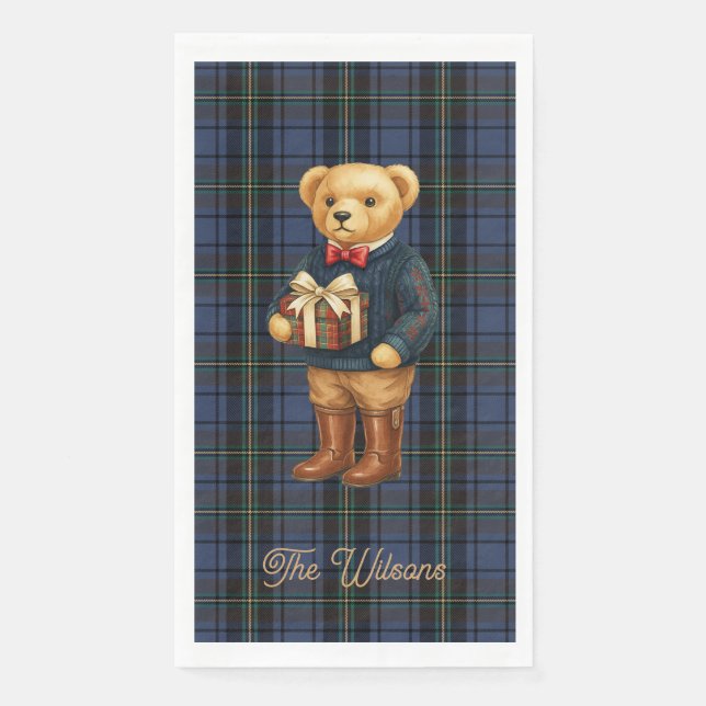 Servilleta De Papel Luxe Preppy Plaid Christmas Teddy Bear  (Anverso)