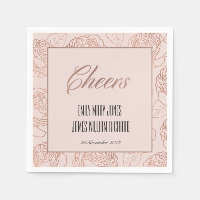 SERVILLETA DE PAPEL LUXE RUBOR PINK ROSE GOLD FLORAL CHEERS BODA (Anverso)