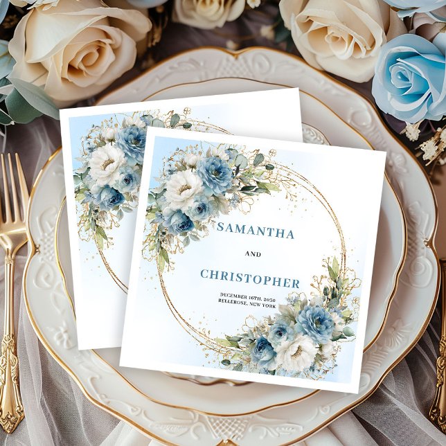 Servilleta De Papel Luxury Blue Roses Gold Frame Wedding Napkins (Luxury Blue Roses Gold Frame Wedding Napkins)