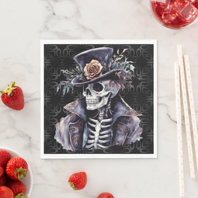 Servilleta De Papel Macabre Naranja y morado acuarela Skeleton (In situ)