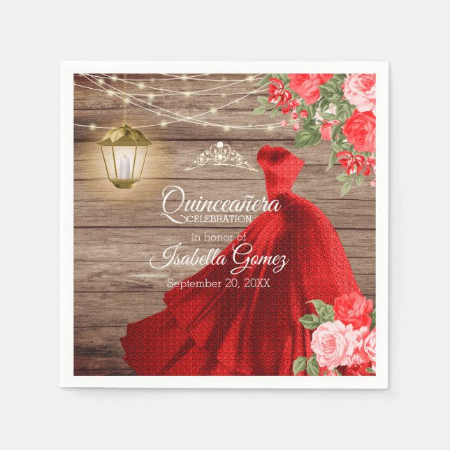 Servilleta De Papel Madera de Quinceañera y Flores Rojas (Anverso)