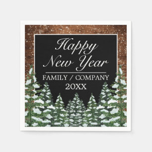 Servilleta De Papel Madera nevada negra y pino forestal feliz Año Nuev
