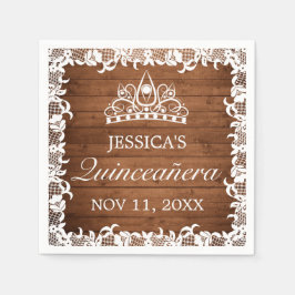 Servilleta De Papel Madera rústica y encaje blanco Tiara Quinceañera