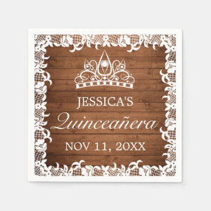 Servilleta De Papel Madera rústica y encaje blanco Tiara Quinceañera