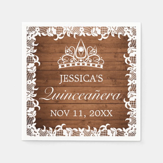 Servilleta De Papel Madera rústica y encaje blanco Tiara Quinceañera (Anverso)