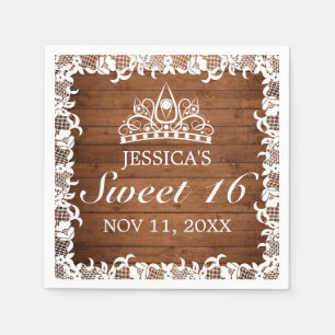 Servilleta De Papel Madera rústica y encaje blanco Tiara Sweet 16