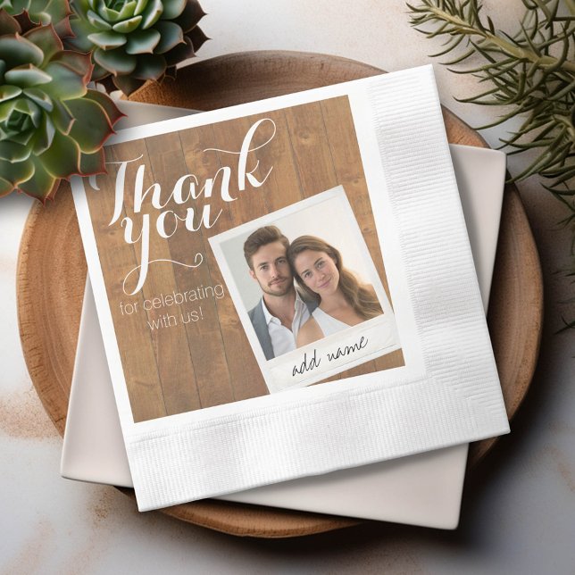 Servilleta De Papel Madera rústica y marco fotográfico gracias Boda (Custom Thank You Wedding Party Napkin with Photo)