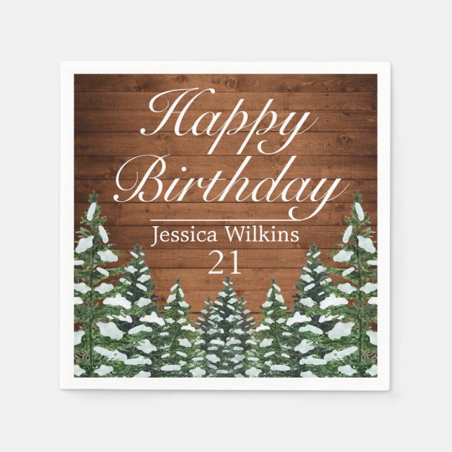 Servilleta De Papel Madera y bosques de nieve Pine Happy Birday (Anverso)