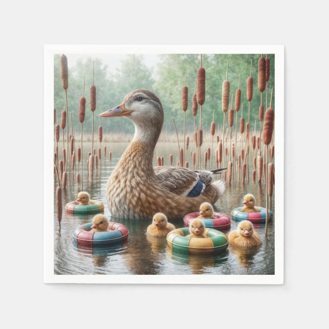Servilleta De Papel Madre Pato Mallard Con Ducklings (Anverso)