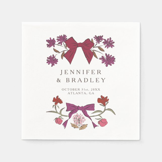 Servilleta De Papel Magenta Boho Ribbons and Flowers Boda (Anverso)