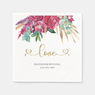 Servilleta De Papel Magenta Floral Rosa Caliente Elegante Corazones de