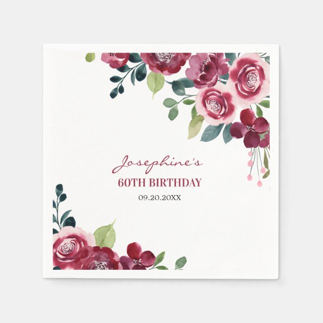 Servilleta De Papel Magenta Pink Rose Floral Greenery Birthday (Anverso)