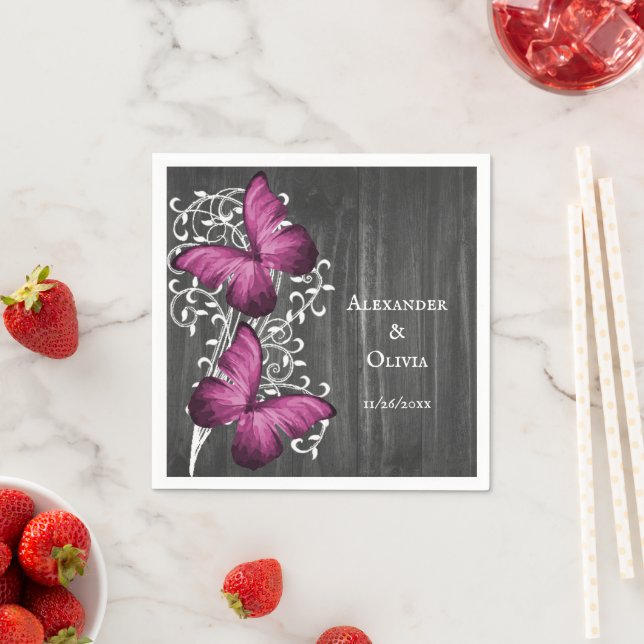 Servilleta De Papel Magenta Rustic Butterfly Bridal Shower Napkin (In situ)