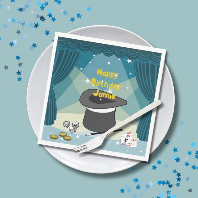 Servilleta De Papel Magic Show Happy Birday Name Blue (Magic Show Happy Birthday Name Blue Napkins, Kids Birthday Party, Custom Text & Color)