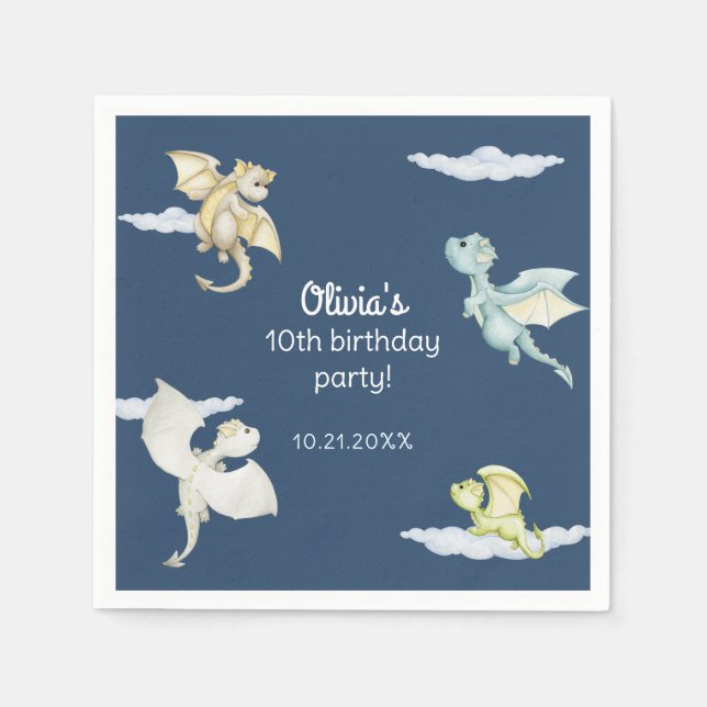 Servilleta De Papel Magical Castle Cute Dragons Niños Nacimiento Azul (Anverso)