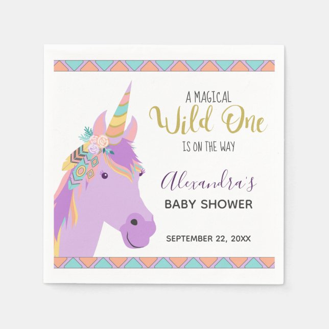 Servilleta De Papel Magical Wild One Cute Purple Unicorn Baby Shower (Anverso)