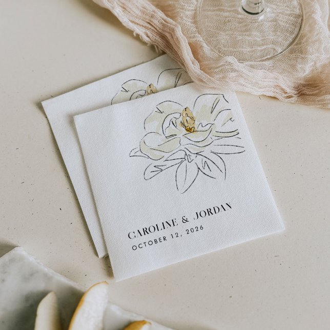 Servilleta De Papel Magnolia blanca Ilustracion Boda mínimo moderno (Elegant Southern-inspired white magnolia illustration wedding paper napkins.)