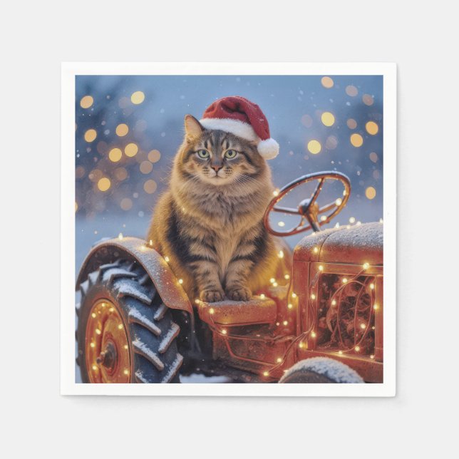 Servilleta De Papel Maine Coon Christmas Cat On an Old Tractor (Anverso)