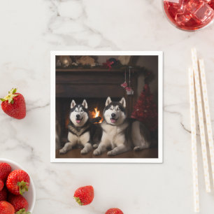 Servilleta De Papel Malamute de Alaska junto a la chimenea de Navidad