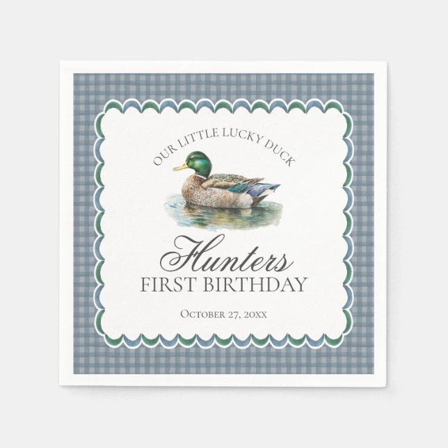 Servilleta De Papel Mallard Duck Hunting Blue Gingham Boy Birthday (Anverso)