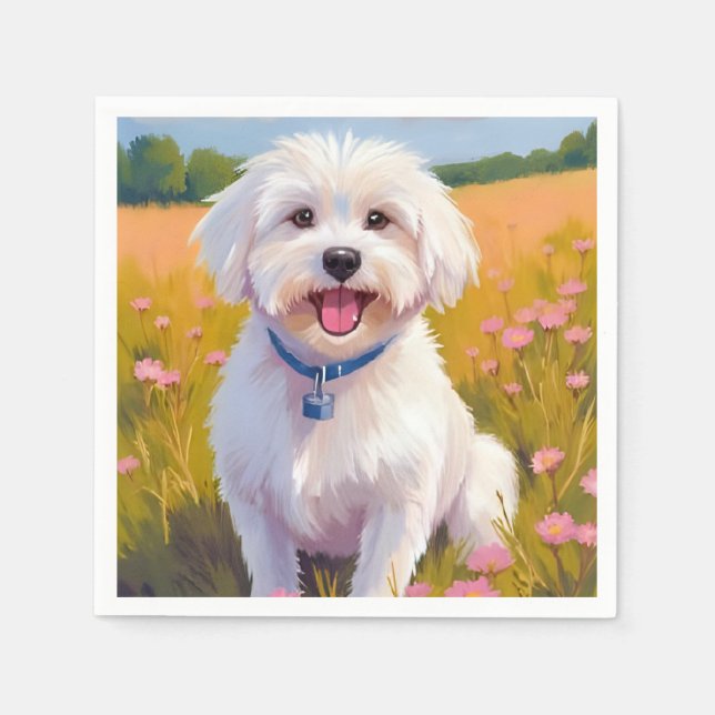 Servilleta De Papel Maltese Dog Flower Field Painting (Anverso)