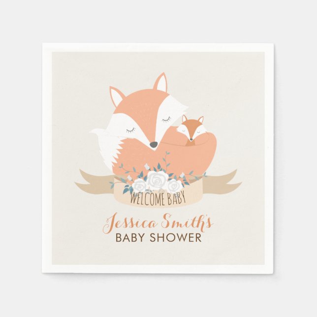 Servilleta De Papel Mamá y bebé Red Fox Baby Shower (Anverso)