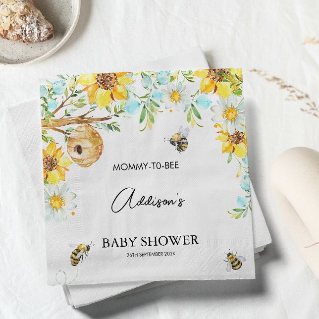 Servilleta De Papel Mamita Floral Azul Para Apostar La Napkin De Papel (Boys Mommy-To-Bee Bee Themed Baby Shower Napkin, Floral Bumble Bee Baby Shower Paper Napkin, Hive)