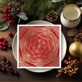 Servilleta De Papel Mandala Art Boho Elegant Gold Dark Navidades Rojos