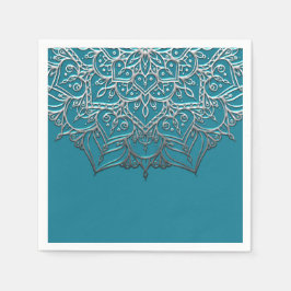 Servilleta De Papel Mandalá Elegante Minimalista de Turquesa y Plata p