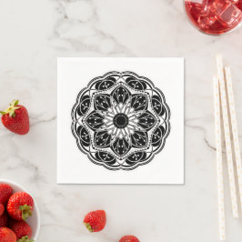 Servilleta De Papel Mándala floral en blanco y negro