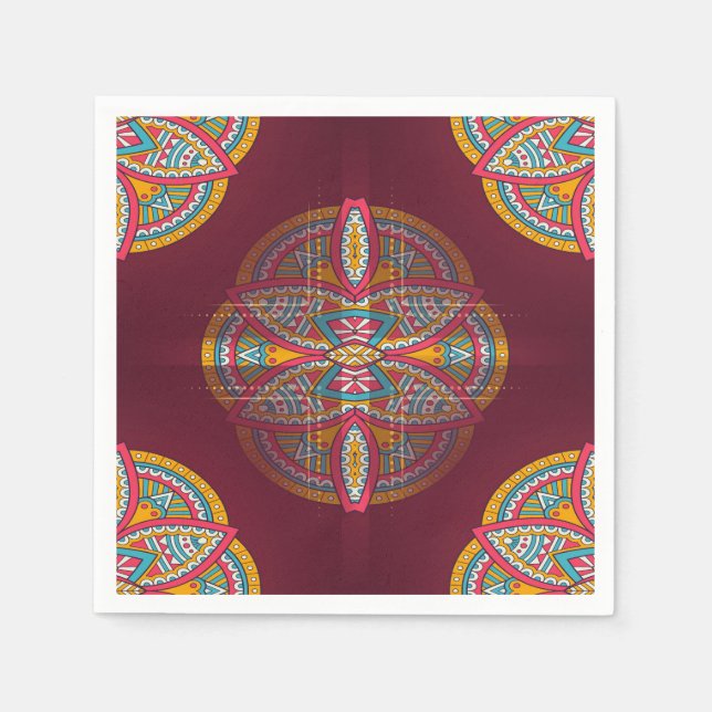 Servilleta De Papel Mandalas en cimarrones mixtos - patrones rojos y r (Anverso)
