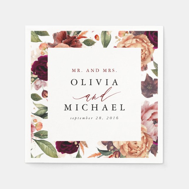 Servilleta De Papel Mandarina quemada y floral rústico rojo burdeos (Anverso)