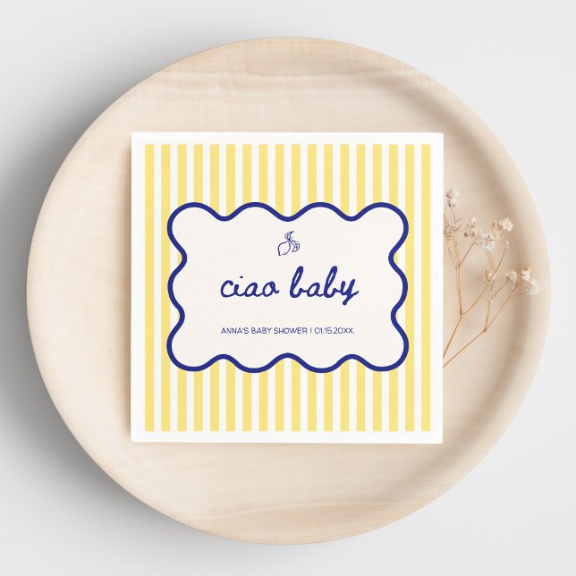 Servilleta De Papel Mano de bebé de Ciao dibuja Baby Shower azul y ama (ciao baby yellow stripes hand drawn italian ciao bambino baby shower citrus lemon butter yellow)