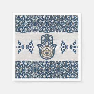 Servilleta De Papel Mano Hamsa - Mano de madera azul Fátima