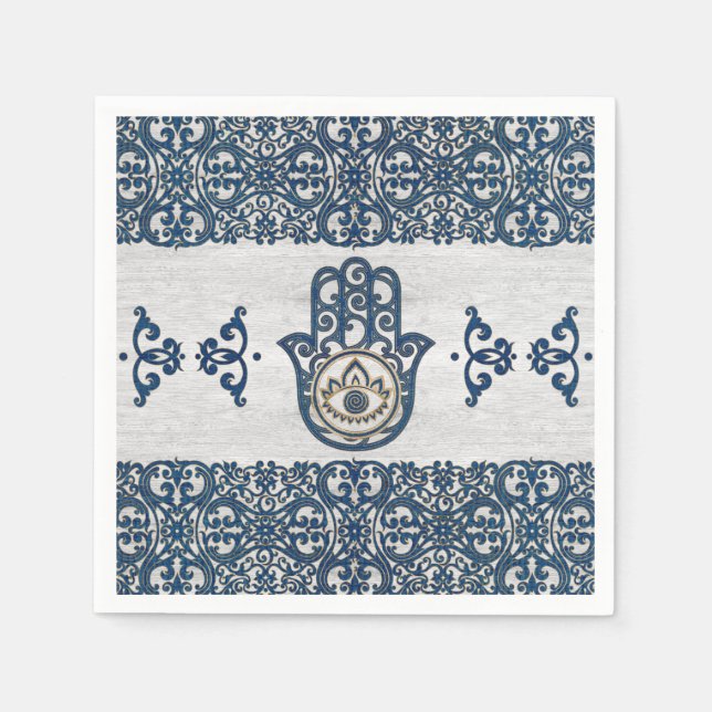 Servilleta De Papel Mano Hamsa - Mano de madera azul Fátima (Anverso)
