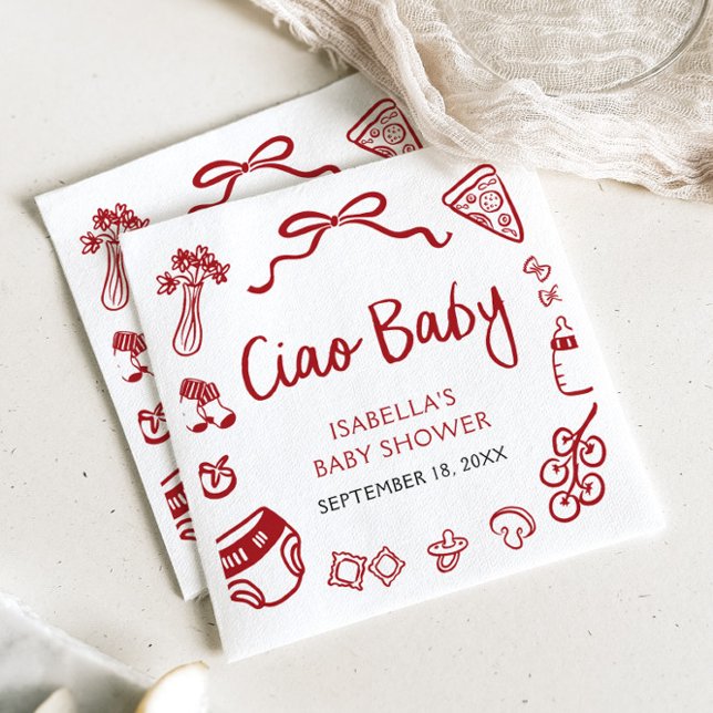Servilleta De Papel Mano roja italiana dibuja pizza Ciao Baby Baby Sho (Red Italian Hand Drawn Pizza Ciao Baby Baby Shower Napkins)