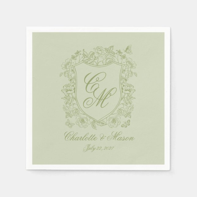 Servilleta De Papel Mantel de Bodas en Verde Salvia con Cresta de Mono (Anverso)